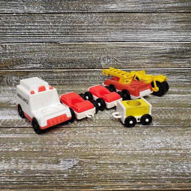 Vintage Fisher Price Little People Vehicles, Motorcycle, Fire Engine, Wood Yellow Train Car, Ambulance, Single Seat Cars, Retro Vintage Toys 