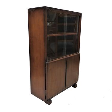 Mid Century Bookcase | Vintage English Oak Small Bookcase With Sliding Glass Doors 