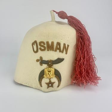 1940'S Shriner's Fez - Unusual in Creamy White Wool Felt - OSMAN - Made by The Lilley Co. Columbus, Ohio 