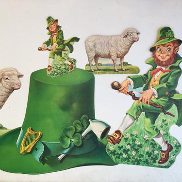 Vintage St. Patrick's Day Dennison Die Cuts, Irish Top Hat, 2 Leprechauns And 2 Sheep, St. Patty's Day Decor 