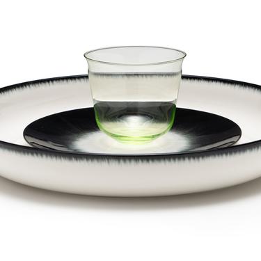 Off White Porcelain Bowl / Side Plate / Green Crystal Glass