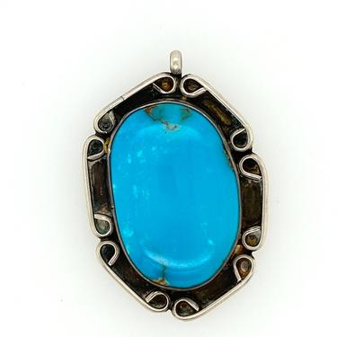 Vintage Artisan Navajo Bright Blue Turquoise Sterling Silver Pendant Necklace 