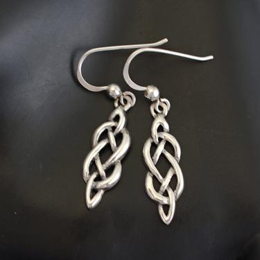 Dainty 90's SG 925 silver Celtic knot dangles, classic Sea Gems Ltd elongated sterling mystic tribal twisted ribbon earrings 