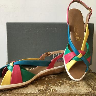 1970s strappy sandals, vintage 70s shoes, 70s rainbow sandals, cork heel shoes, size 7, penaljo shoes, sling back shoes, rainbow shoes 