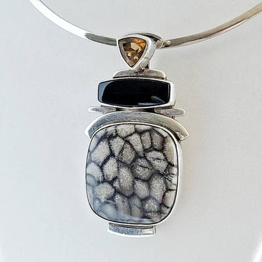 Large Sterling Silver Multi Stone, Vitrine, Agate, Onyx Pendant on Solid Sterling Silver Collar 