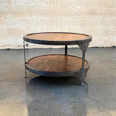 Steampunk Steel and Wood Round Side Table, Free U.S. Shipping