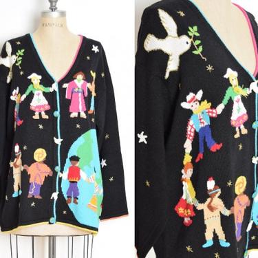 vintage 90s sweater Storybook Knits black cardigan world children jumper XL XXL clothing novelty 
