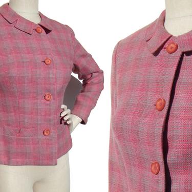Vintage 60s Pink Jacket Ladies Mod Wool Plaid M 