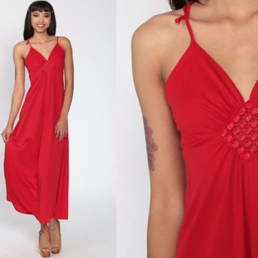 Red PARTY Dress Deep V Neck 70s Maxi Gown Grecian Dress Drape Formal Strappy Spaghetti Strap 1970s Vintage Prom Empire Waist Extra Small xs 
