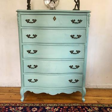 Mint Green Antique Highboy Dresser, French Provincial Green Dresser, Chest of Drawers, Shabby Chic Dresser, Free NYC Delivery 