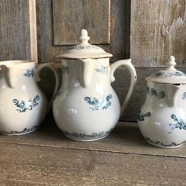1 19th C French Faïence Jug, Rustic Pottery, Blue and White Floral Pitcher, French Farmhouse Cuisine 