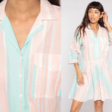 Striped Shirt Dress 80s Pastel Baby Pink Dress Button Up Midi Secretary Shirtdress High Waist Vintage Long Sleeve Dress Medium 