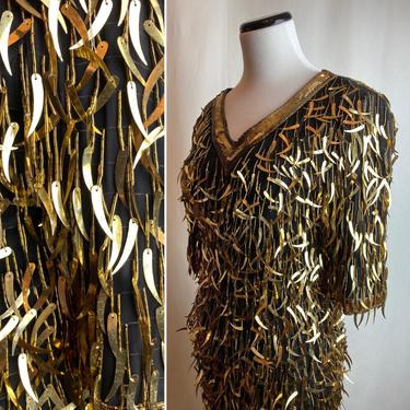 Vintage Bright shiny gold sparkly dress~ black silk dramatic flashy flapper bombshell wiggle sexy fun party dress~ spheres discs beaded~ XSM 