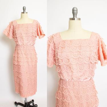 Vintage 1950s Dress Pink Lace Tiered Cocktail Party 50s Large L 
