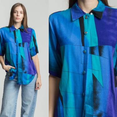 90s Blue Geometric Color Block Blouse - Large | Vintage Short Sleeve Button Up Collared Top 