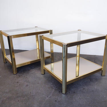 Pair of Vintage Brass Framed + Glass Side / End Tables 70s 