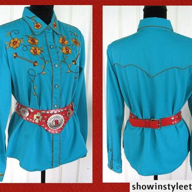 Panhandle Slim Vintage Western Women's Cowgirl Shirt, Turquoise with Embroidered Yellow Flowers, Tag Size Large (see meas. photo) 
