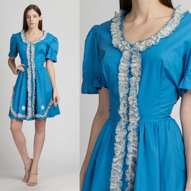 60s 70s Blue Square Dance Dress - Large | Vintage Ruffle Lace Trim Rockabilly Western Mini Dress 