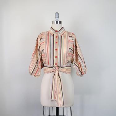 Vintage 1950s blouse, balloon sleeves, striped, cotton, tie waist, size medium 