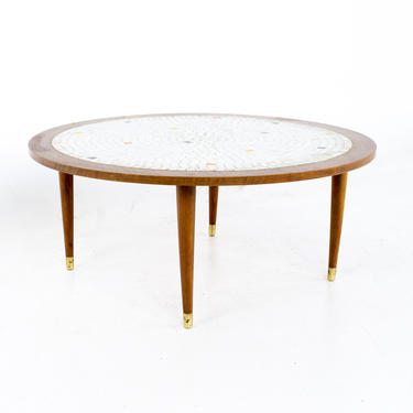 Martz Style Mid Century Round Walnut Mosaic Coffee Table - mcm 