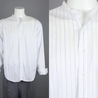 1920s Collarless Shirt | Vintage 20s White Pinstriped Button Up with French Cuffs | Medium 