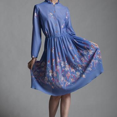 pleated shirt dress blue floral ruffled collar long sleeves vintage 70s MEDIUM M 