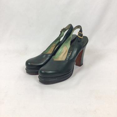 Vintage 40s shoes | Vintage dark green leather platform heels | 1940s L Miller sling back shoes 