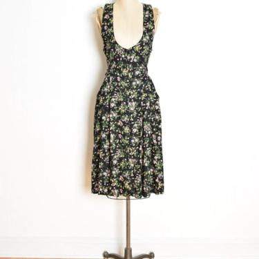 vintage 90s dress black floral print suspender jumper midi deep cut midi S M clothing 