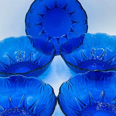 Vintage 5 Pc Set of Avon Royal Sapphire  Cobalt Blue Glass Salad Cereal Bowls- France Pressed Glass 