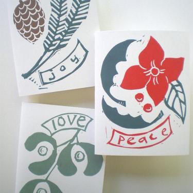 Greeting Cards, Hand Block Printed Card Set of Six, Peace, Love, Joy, Winter, Holiday, linocut cards 