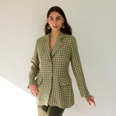 Vintage 80s HERMES PARIS Green Tattersall Plaid Unstructured Three Button Wool and Cashmere Blazer | Made in France | 1980s Designer Jacket 