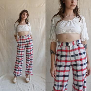 Vintage 70s Plaid Wide Leg Trousers/ 1970s High Waisted Red White Blue Cotton Bell Bottoms/ Size XS 26 