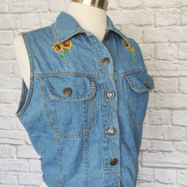 Vintage Denim Embroidered Vest // Sunflower Accents Size M 