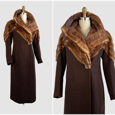 COAT CHECK Vintage 30s Brown Wool Boucle and Mink Coat | 1930s Art Deco Fur Trim Overcoat, Outerwear | 20s 1920s Flapper Gatsby | Size Small 