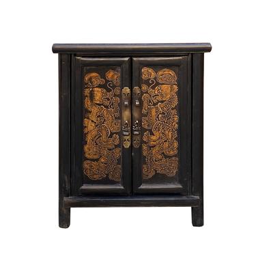 Chinese Distressed Black Golden Dragons Graphic End Table Nightstand cs7200E 
