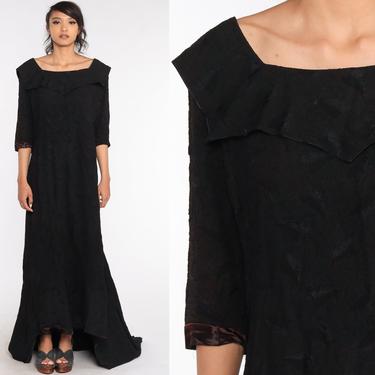 Black Party Dress 50s Maxi Dress Train Party Cocktail Dress Maxi 1950s Formal Evening 60s Vintage Long sleeve Large 