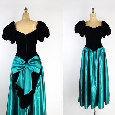 80s Bow Prom Dress / Black Velvet Dress / Vintage Party Dress / Satin Dress / Puffy Sleeves / Size S/M 