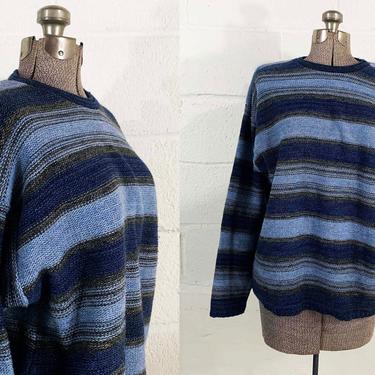 Vintage Striped Blue Space Dyed Cardigan Long Sleeve Sweater 90s 1990s Crew Neck Stripe Gray American Edition Unisex Large XL 
