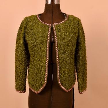 Green & Pink 50s Short Nubby Boucle Jacket By Crest Craft, S/M