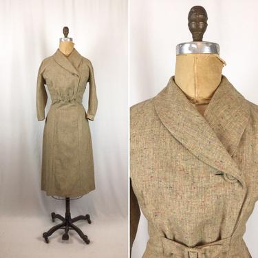 Vintage 40s dress | Vintage brown speckled wool flannel dress | 1940s light brown tailored dress 