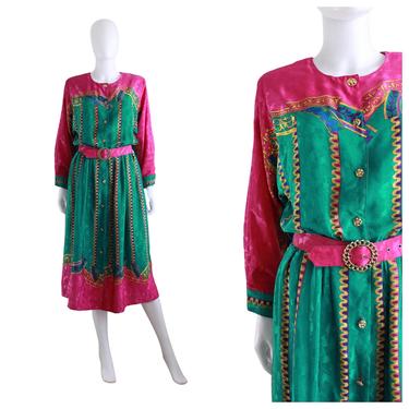 1980s Baroque Chain Print Jewel Tone Dress - 1980s Teal Dress - 1980s Pink Dress - Vintage Baroque Print Dress - 80s Dress | Size Medium 