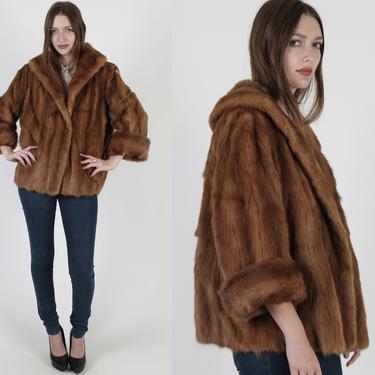 Cuffed Sleeve Short Mink Waist Coat / Vintage 70s Amber Brown Mink Fur Jacket / Plush Fur Collar Stroller Winter Warm Jacket 