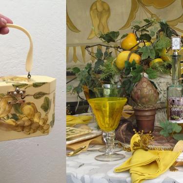 Tuscan Table Settings - Vintage 1960s Annie Laurie Tuscan Yellow Floral Decoupage Large Wooden Handbag 