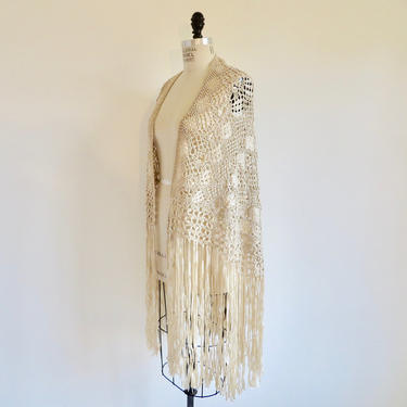 Vintage 1920's Art Deco Ivory Cream Silk Ribbon Knotted Crochet Fringe Shawl Wrap Macrame Bridal Wedding Flapper Boho Hippie One Size 