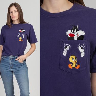 90s Sylvester & Tweety Bird Pocket Tee - Men's XS | Vintage Navy Blue Looney Tunes Cartoon Graphic T Shirt 