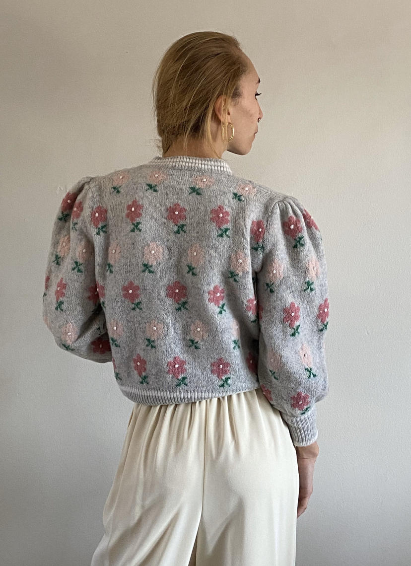 80s Licorice Floral Sweater Knitted by Hand
