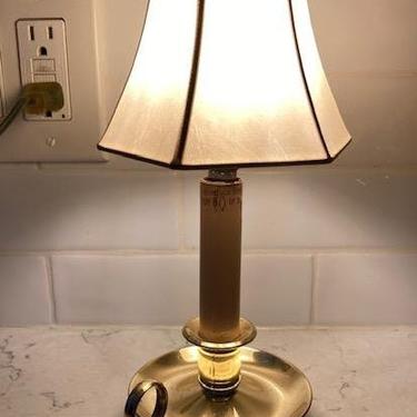 Vintage Baldwin Golden Solid Brass Taper Candle Holder Electric Table Lamp with Leather Shade by LeChalet