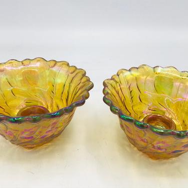 Vintage Pair of  Carnival Indiana Glass Iridescent Amber Candle Holders 