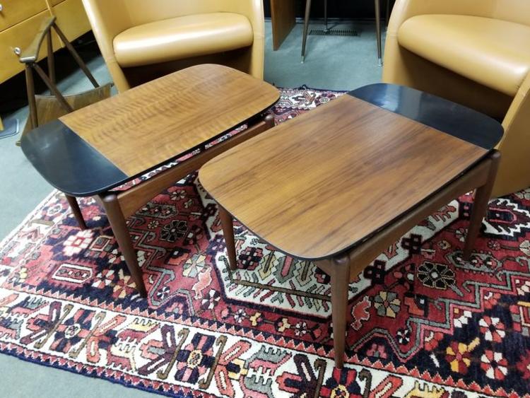 Pair of Mid-Century Modern walnut and black side tables