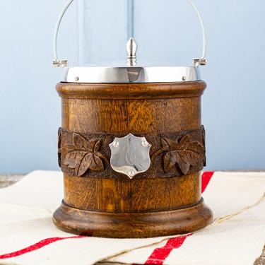 Antique Carved Oak and Silverplate Biscuit Barrel